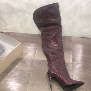 AKIRA Burgundy Croco Back Zip Over the Knee Boots New